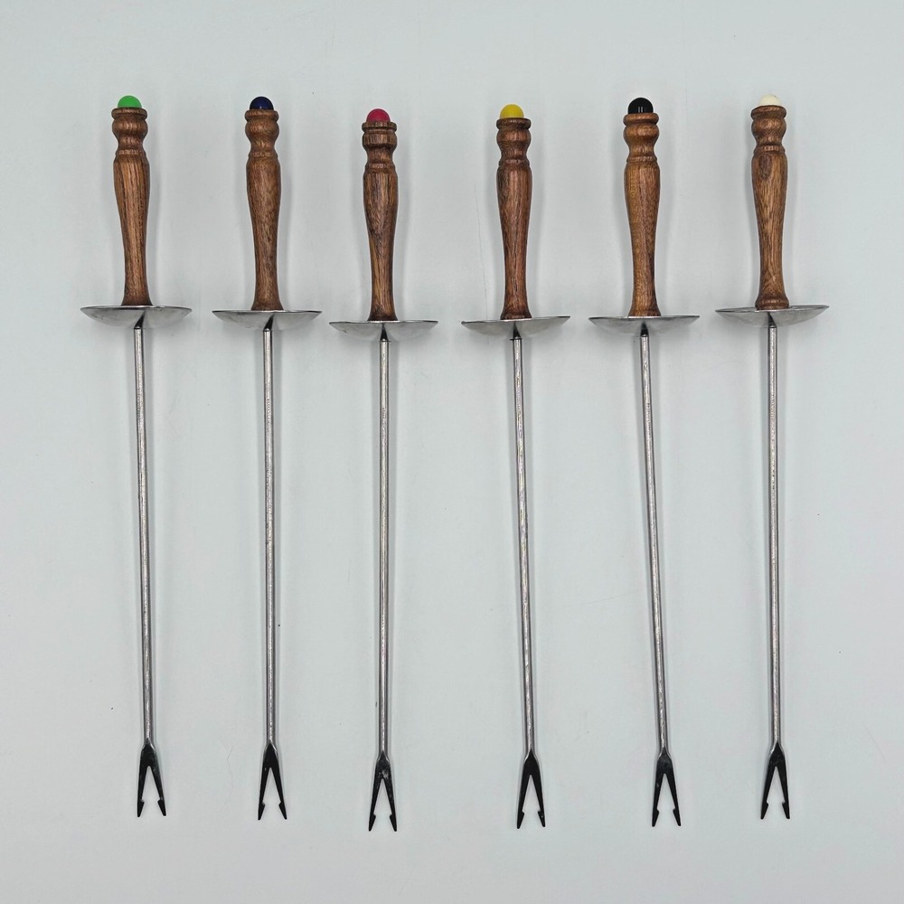 MCM Edelstahl Rostfrei Fondue Forks 6 Ea Germany Stainless Steel 2Prong Wood 11"